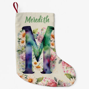 Petite Chaussette De Noël Bouquet floral monogramme d'aquarelle personnalisé