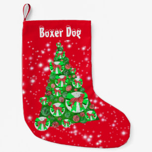 Petite Chaussette De Noël Boxe Chien Noël Gros Arbre Vacances Green Bow Roug