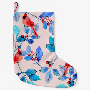 Petite Chaussette De Noël Branche avec baies et oiseaux aquarelle illustrée