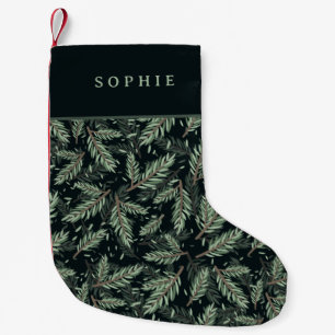 Petite Chaussette De Noël Branches de Noël élégantes sur Noir avec nom