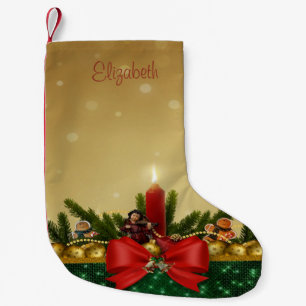 Petite Chaussette De Noël Branches de pin de Noël, ruban rouge, bougie, boul