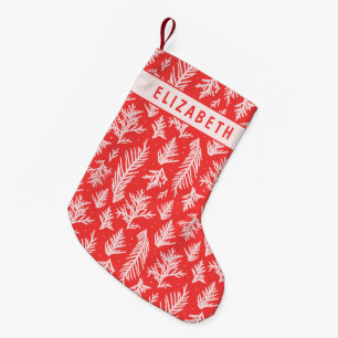 Petite Chaussette De Noël Branches de pin d'hiver rouges et roses