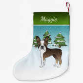 Petite Chaussette De Noël Brindle Boston Terrier Dans Une Forêt D'Hiver & No (Dos)