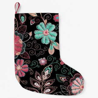 Petite Chaussette De Noël Broderie florale vintage Motif foncé