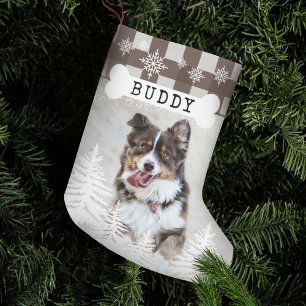 Petite Chaussette De Noël Brown Plaid Rustique Pine Trees Chien Os Animal Ph