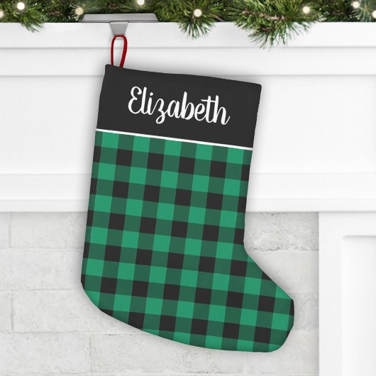 Petite Chaussette De Noël Buffle vert et noir Plaid Nom personnalisé