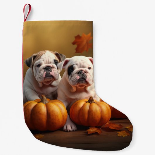 Petite Chaussette De Noël Bulldog Chiot Automne Citrouille de plaisir (Devant)