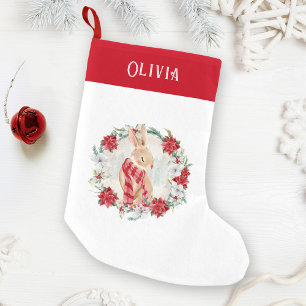Petite Chaussette De Noël Bunny Poinsettia Aquarelle Nom Fille Noël