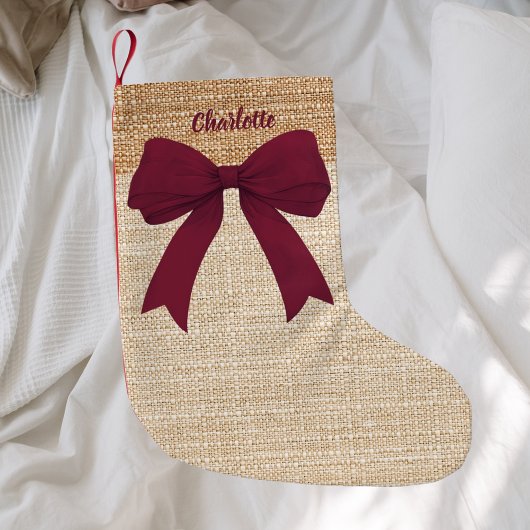 Petite Chaussette De Noël Burlap beige bordeaux nom de l'arc