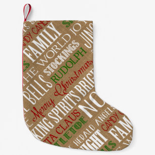 Petite Chaussette De Noël Burlap Typographie Rustique stockage de Noël