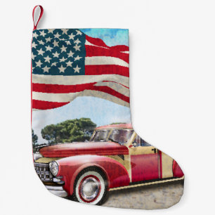 Petite Chaussette De Noël Camion de ramassage rouge : Drapeau américain Vint