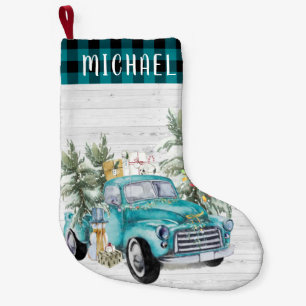 Petite Chaussette De Noël Camion rustique Bleu  Noël monogramme