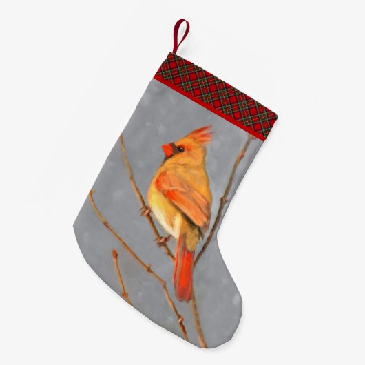 Petite Chaussette De Noël Cardinal sur la peinture de branche - Art original (Devant (Accrochage))