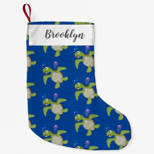 Petite Chaussette De Noël Caricature joyeuse de tortue de mer verte mignonne