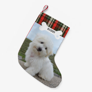Petite Chaussette De Noël Carreaux Rouges Verts Os de Chien Rustique Photo d