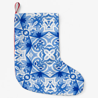 Petite Chaussette De Noël Carrelage blanc bleu, motif aquarelle sans couture