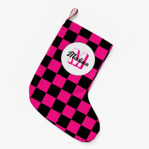 Petite Chaussette De Noël Carrés à carreaux rose vif noir rétro Monogramme