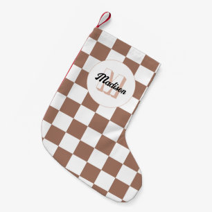 Petite Chaussette De Noël Carrés à damier marron moka blanc rétro Monogramme