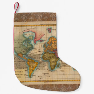 Petite Chaussette De Noël Carte du monde 1700s Antique Continents