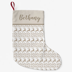Petite Chaussette De Noël Cerf beige vintage et flocons de neige Nom personn