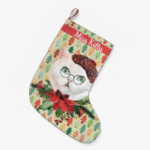 Petite Chaussette De Noël Chat blanc fantaisie & Poinsettia Personnalisé (Devant (Accrochage))