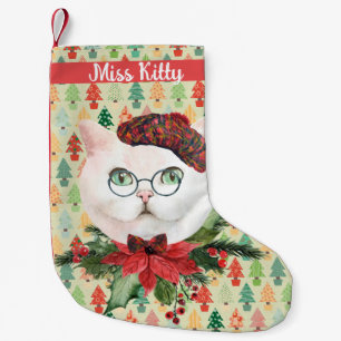 Petite Chaussette De Noël Chat blanc fantaisie & Poinsettia Personnalisé
