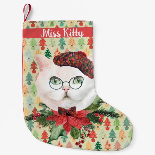 Petite Chaussette De Noël Chat blanc fantaisie & Poinsettia Personnalisé (Devant)
