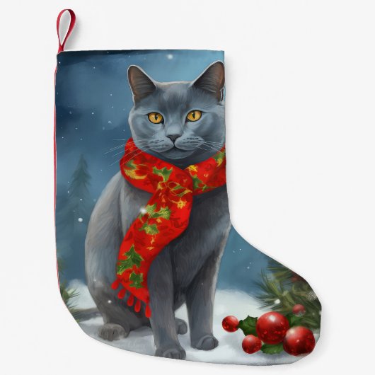 Petite Chaussette De Noël Chat bleu russe à Noël de neige (Devant)