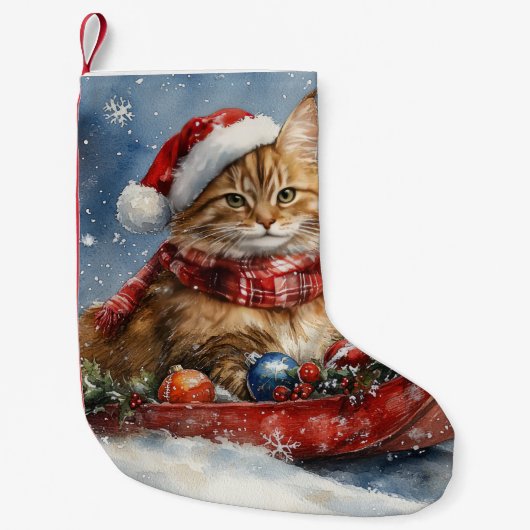 Petite Chaussette De Noël Chat de Maine Coon en sledge Laisser neiger Noël (Devant)