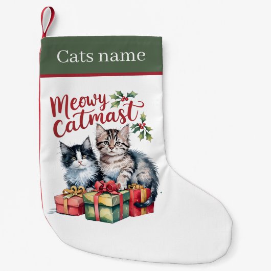 Petite Chaussette De Noël Chat de Noël festif ajouter un nom (Devant)