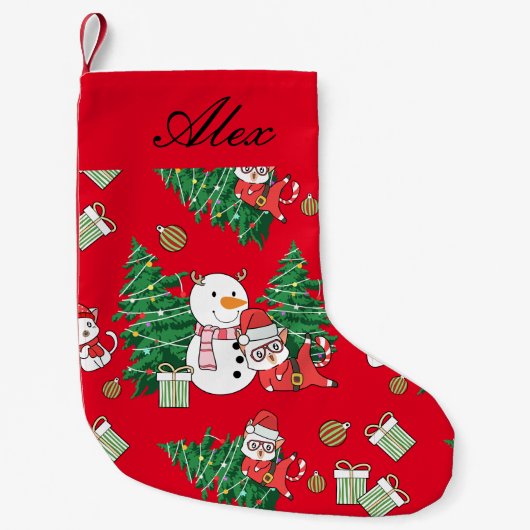 PETITE CHAUSSETTE DE NOËL CHAT DOUX AVEC SNOWMAN PERSONNALISÉ (Devant)