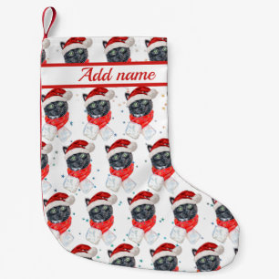 Petite Chaussette De Noël Chat noir aquarelle avec écharpe de Noël