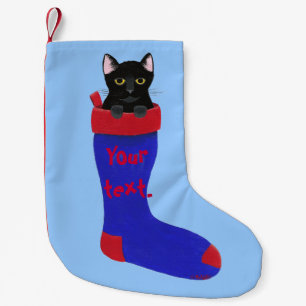 Petite Chaussette De Noël Chat noir dans le bas rouge et bleu de Noël