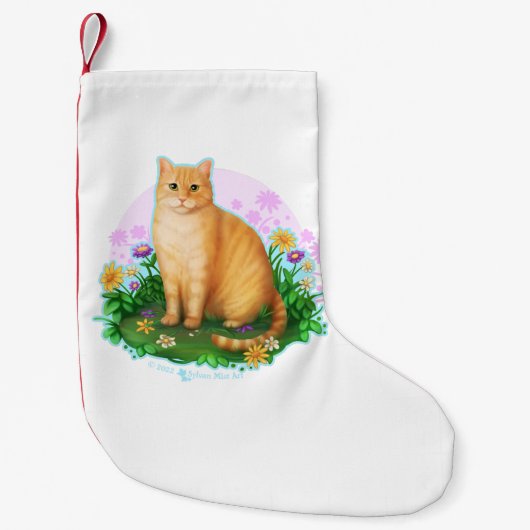 Petite Chaussette De Noël Chat orange dans le patch de fleurs (Devant)