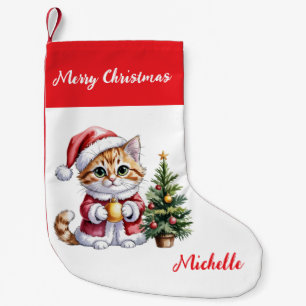 Petite Chaussette De Noël Chat personnalisé avec un chapeau de Père Noël Arb