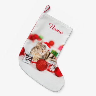 Petite Chaussette De Noël Chat portant le chapeau rouge du Père Noël