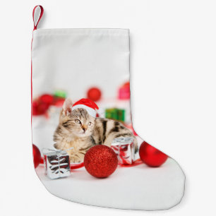 Petite Chaussette De Noël Chat portant un chapeau de Père Noël rouge Ornemen
