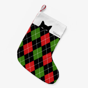 Petite Chaussette De Noël Chat Sournois Argyle Rouge Vert Noir