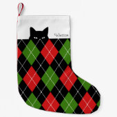 Petite Chaussette De Noël Chat Sournois Argyle Rouge Vert Noir (Devant)