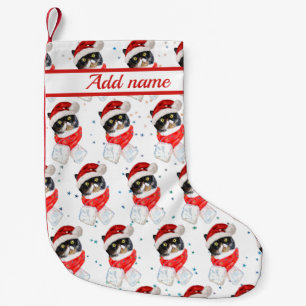 Petite Chaussette De Noël Chat tricolore Noël aquarelle avec écharpe