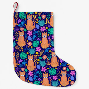 Petite Chaussette De Noël Chats et fleurs tropicales : Motif foncé