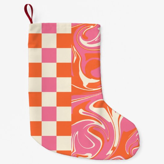 Petite Chaussette De Noël Chèques et tourbillons - rose, orange et crème (Devant)