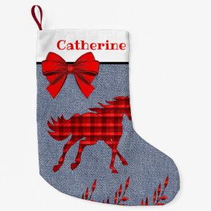 Petite Chaussette De Noël Cheval Rouge Occidental Plaid Sur Faux Denim