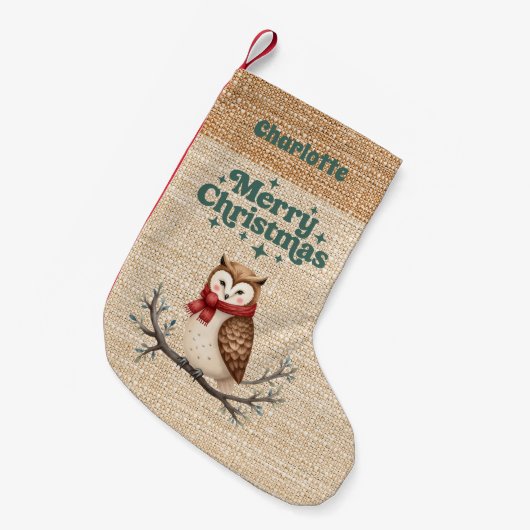 Petite Chaussette De Noël Chevêche burlap beige nom rétro Joyeux Noël (Devant (Accrochage))