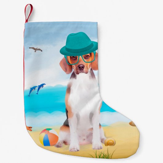 Petite Chaussette De Noël Chien beagle Sur La Plage (Devant)