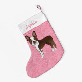 Petite Chaussette De Noël Chien Brown De Boston Terrier Sur Coeurs Et Nom Ro (Dos (Accrochage))