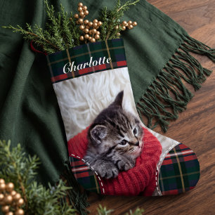Petite Chaussette De Noël Chien Chien Chat Photo Noël Rouge Vert Carreaux Pe