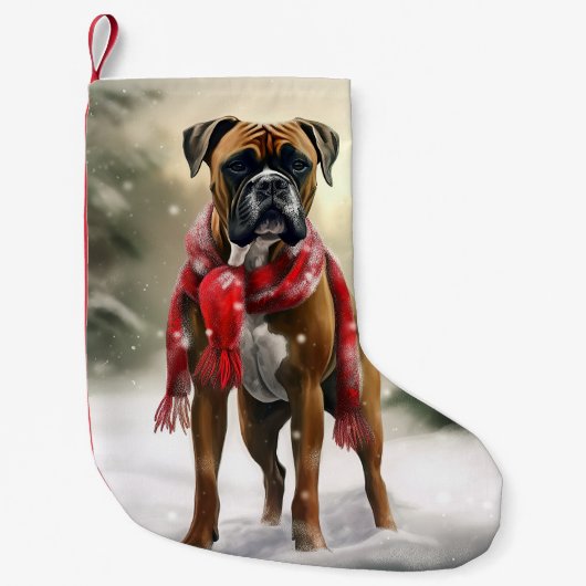 Petite Chaussette De Noël Chien de boxe en Noël de neige (Devant)