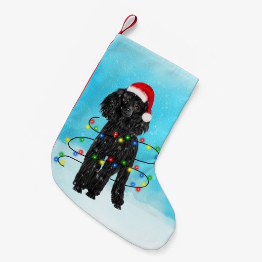 Petite Chaussette De Noël Chien De Poiche Assis Dans La Neige Avec Lumières (Devant (Accrochage))