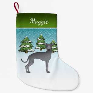 Petite Chaussette De Noël Chien Gris Bleu Italien Dans Une Forêt D'Hiver